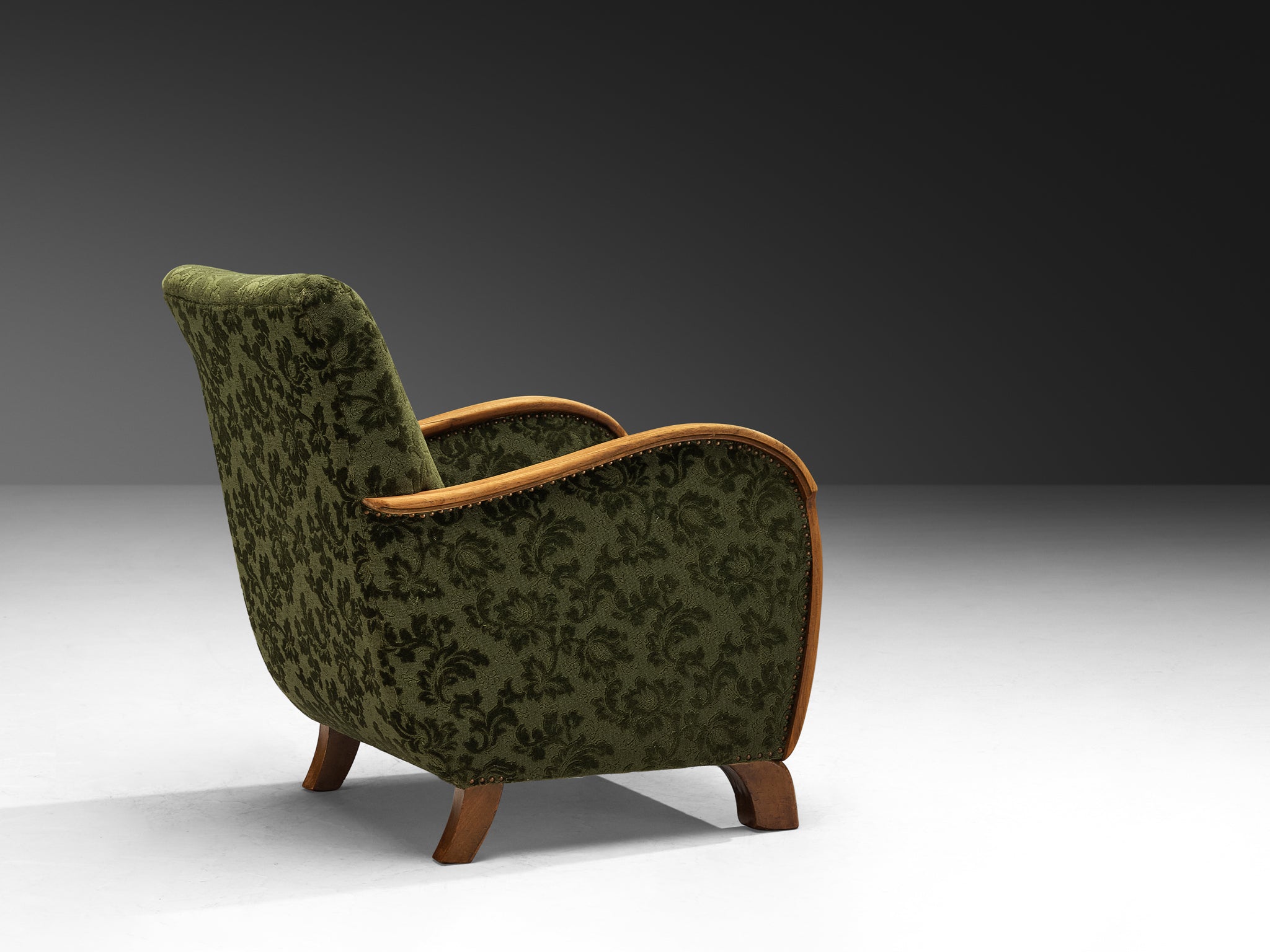 Pair of Art Deco Lounge Chairs in Green Floral Fabric and Walnut Wood Seating Morentz