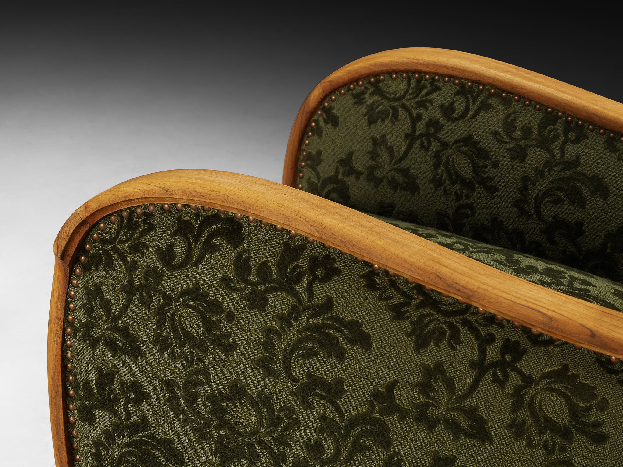 Pair of Art Deco Lounge Chairs in Green Floral Fabric and Walnut Wood Seating Morentz