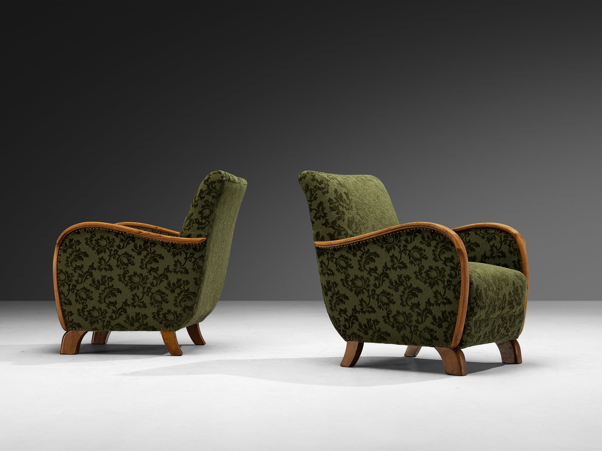 Pair of Art Deco Lounge Chairs in Green Floral Fabric and Walnut Wood Seating Morentz
