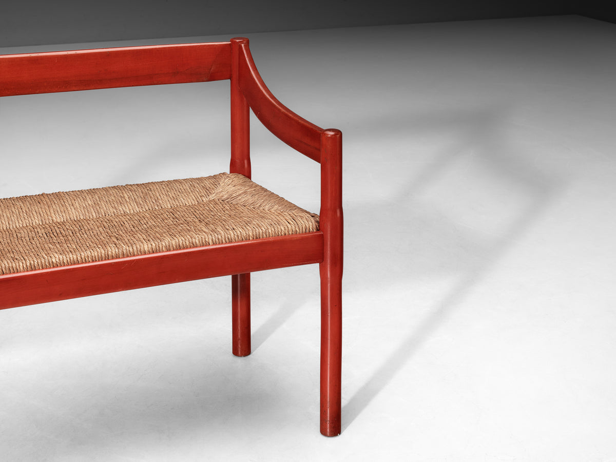 Vico Magistretti 'Carimate' Bench in Red Stained Wood and Straw Seating Morentz