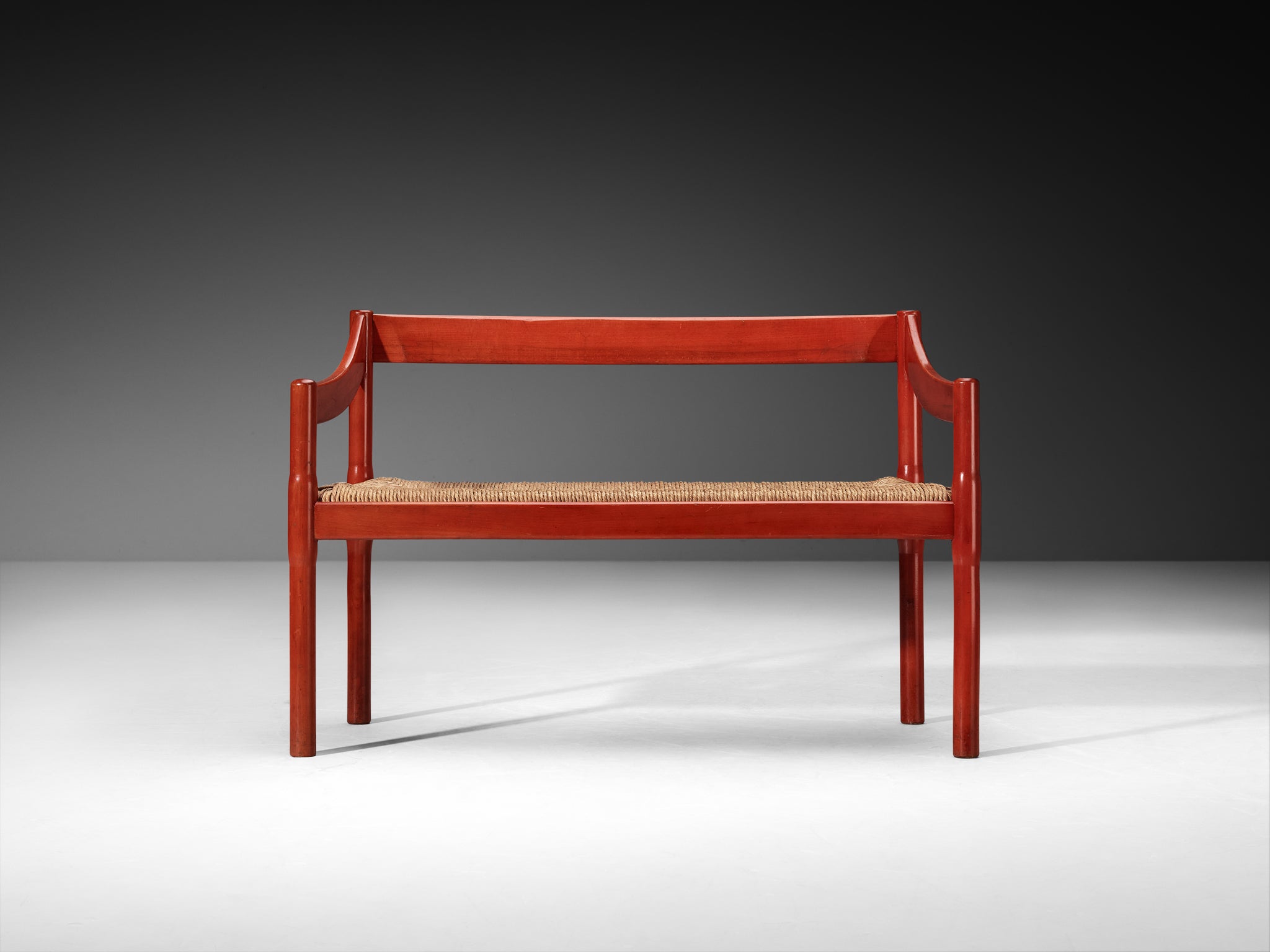 Vico Magistretti 'Carimate' Bench in Red Stained Wood and Straw Seating Morentz