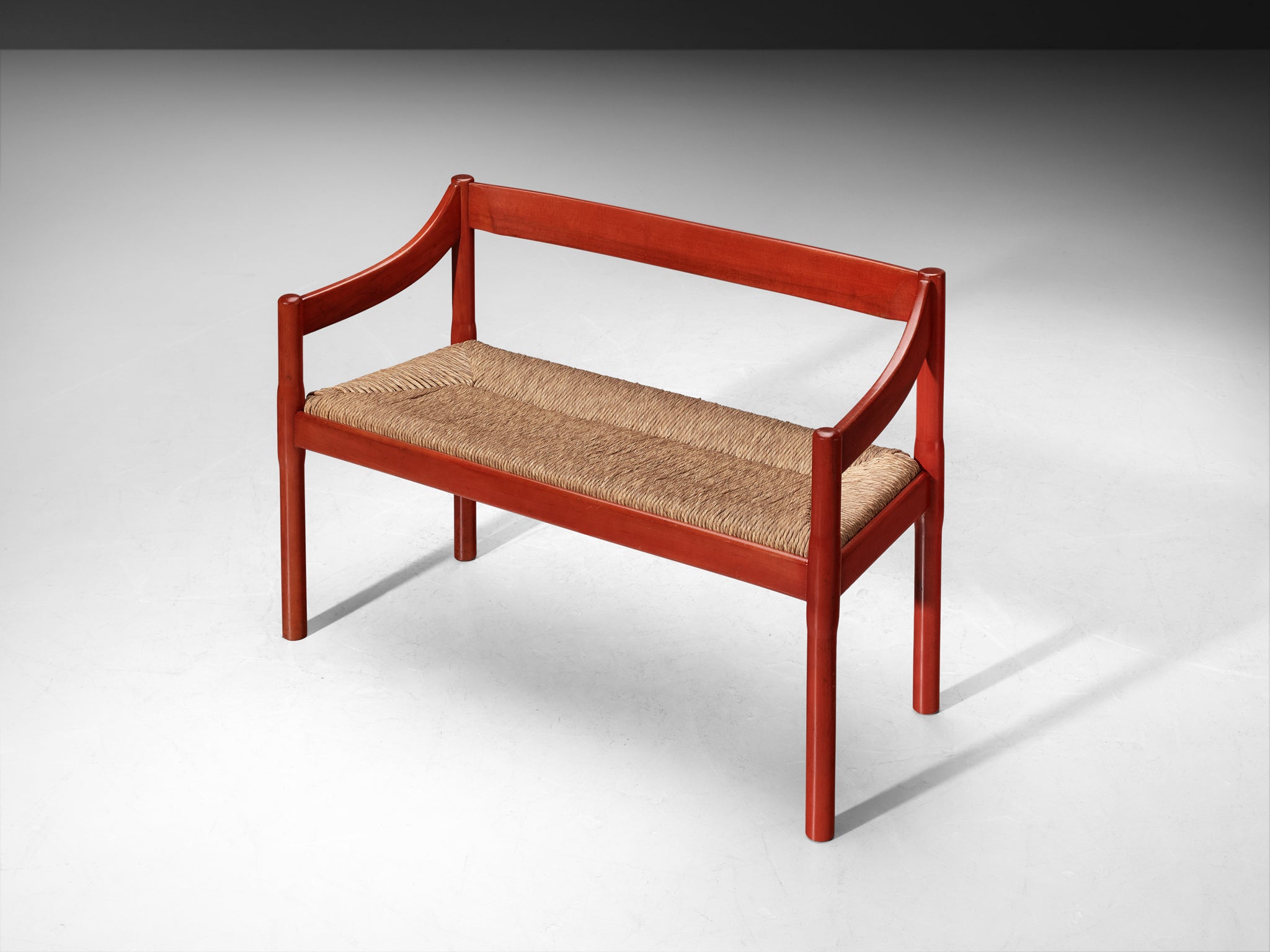 Vico Magistretti 'Carimate' Bench in Red Stained Wood and Straw Seating Morentz