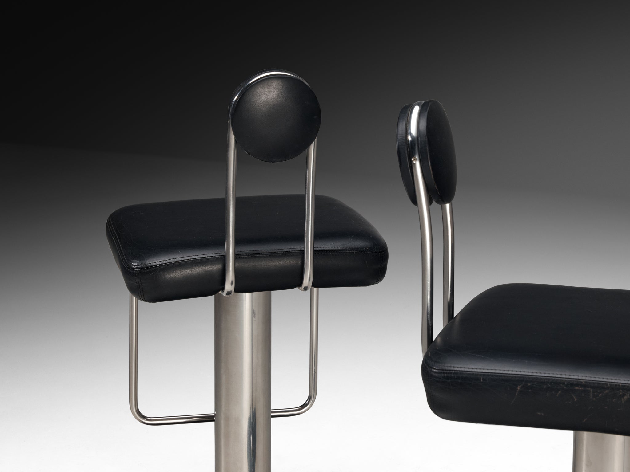 Joe Colombo for Zanotta Pair of 'Birillo' Swivel Bar Stools in Stainless Steel Seating Morentz