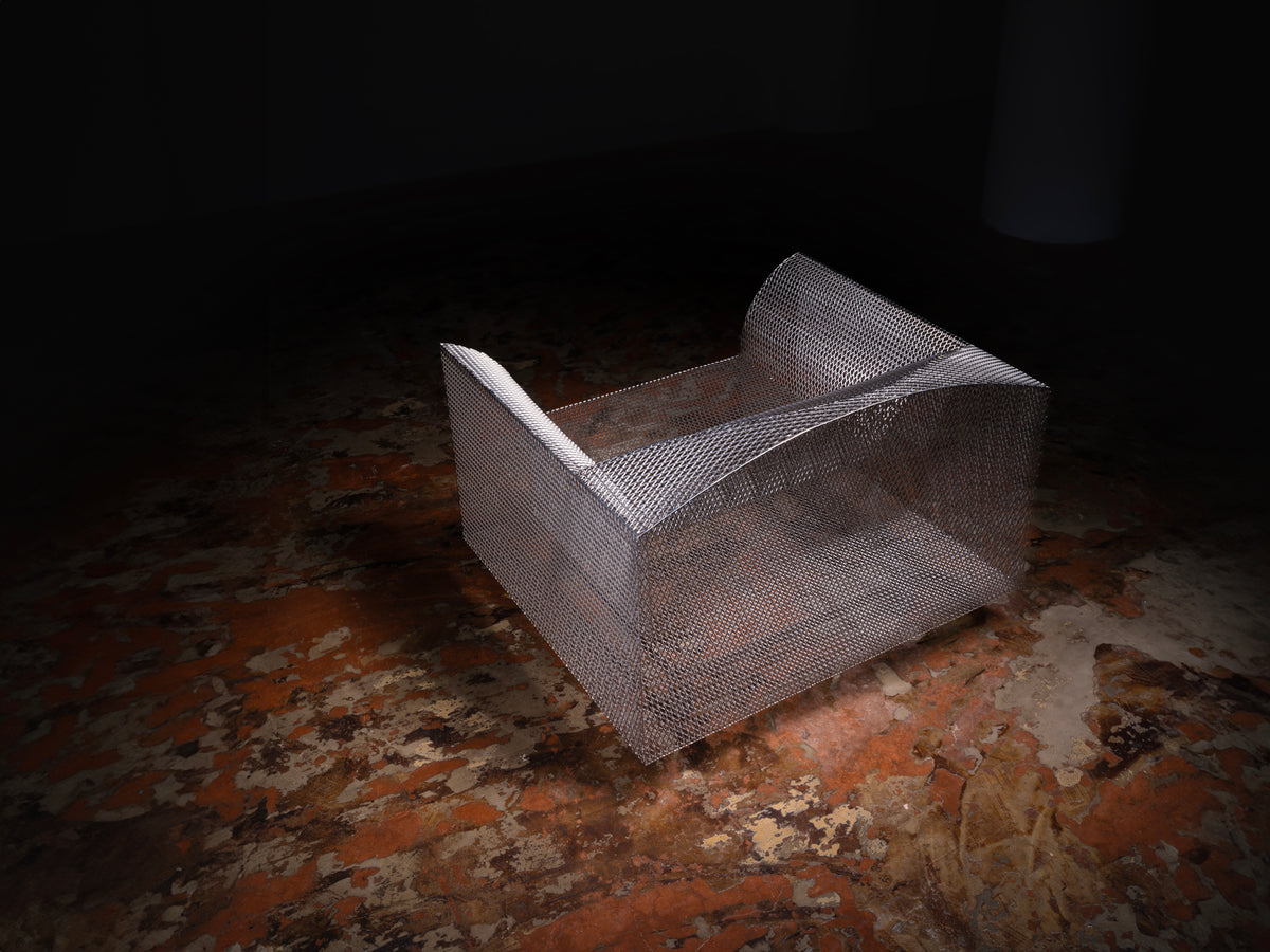 Shiro Kuramata 'How High the Moon' Lounge Chair in Nickel-Plated Steel Mesh Seating Morentz