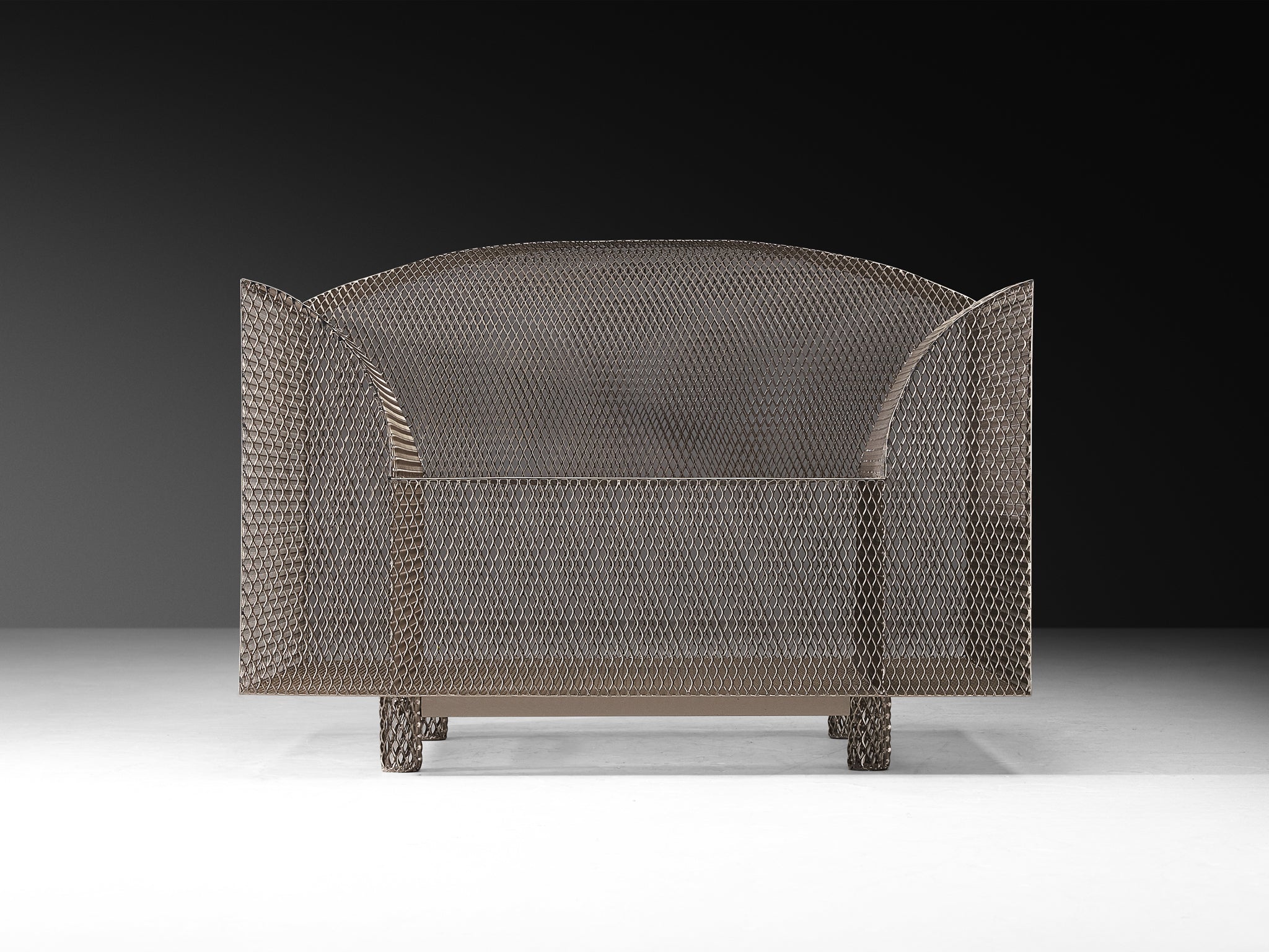 Shiro Kuramata 'How High the Moon' Lounge Chair in Nickel-plated Steel Mesh Seating Morentz