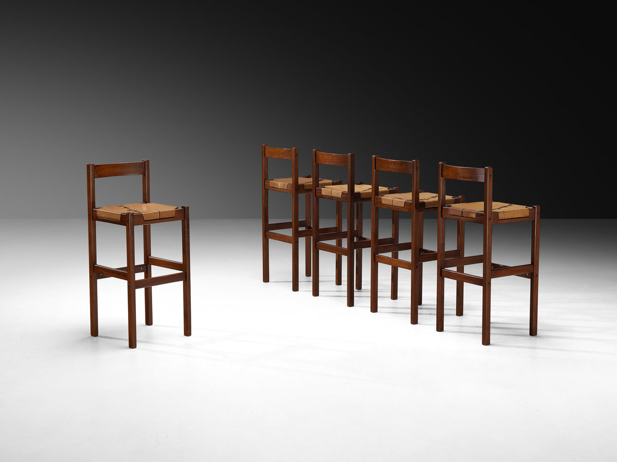 Brazilian Modern Bar Stools in Mahogany with Laced Leather Seats Seating Morentz