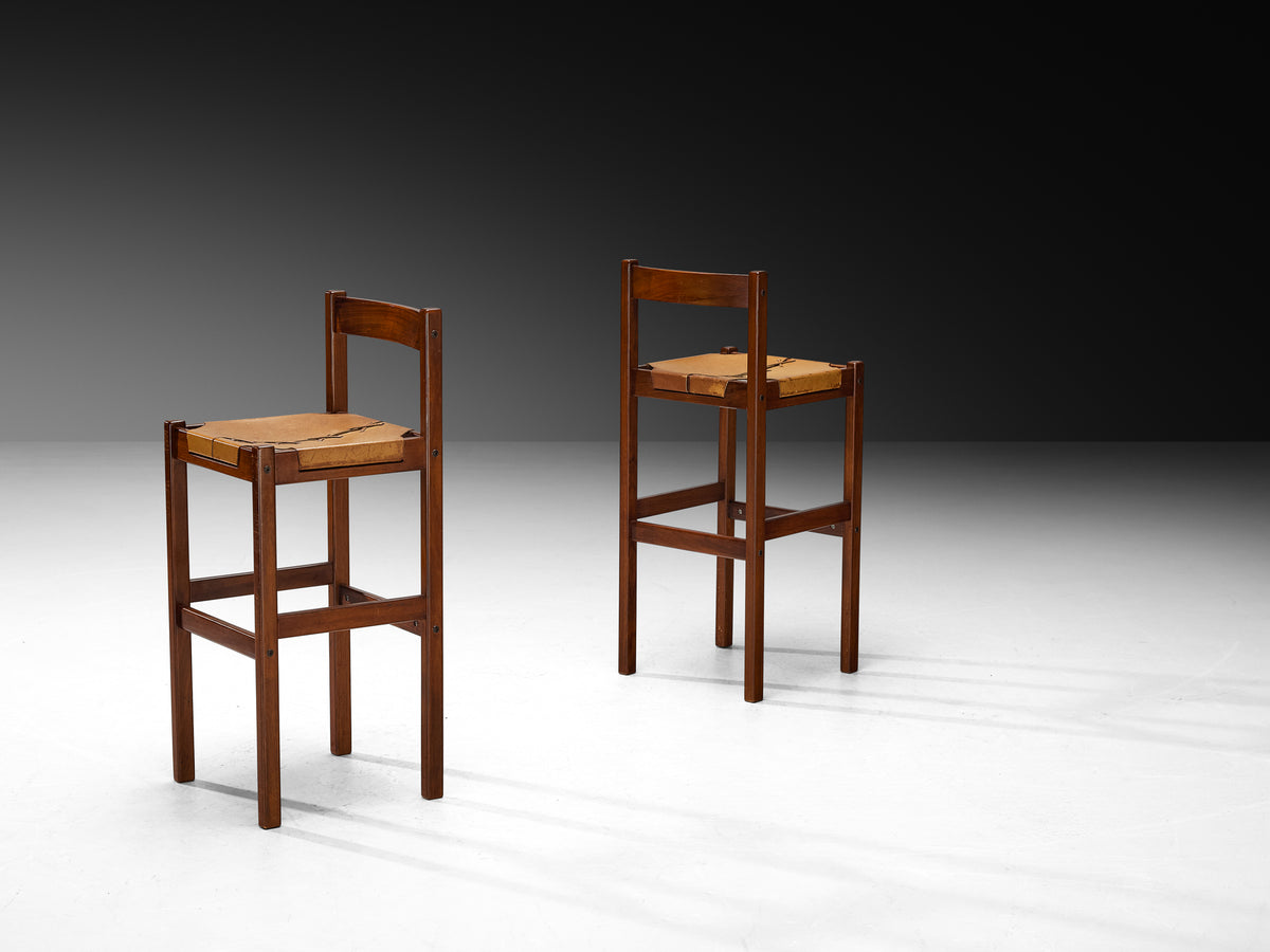 Brazilian Modern Bar Stools in Mahogany with Laced Leather Seats Seating Morentz