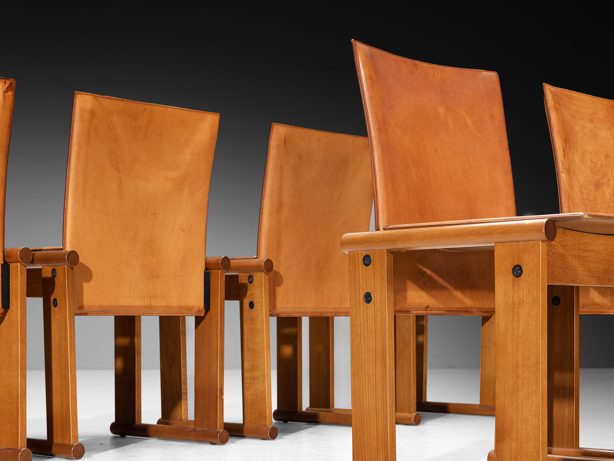 Afra & Tobia Scarpa Set of Eight Dining Chairs in Walnut and Cognac Saddle Leather Seating Morentz