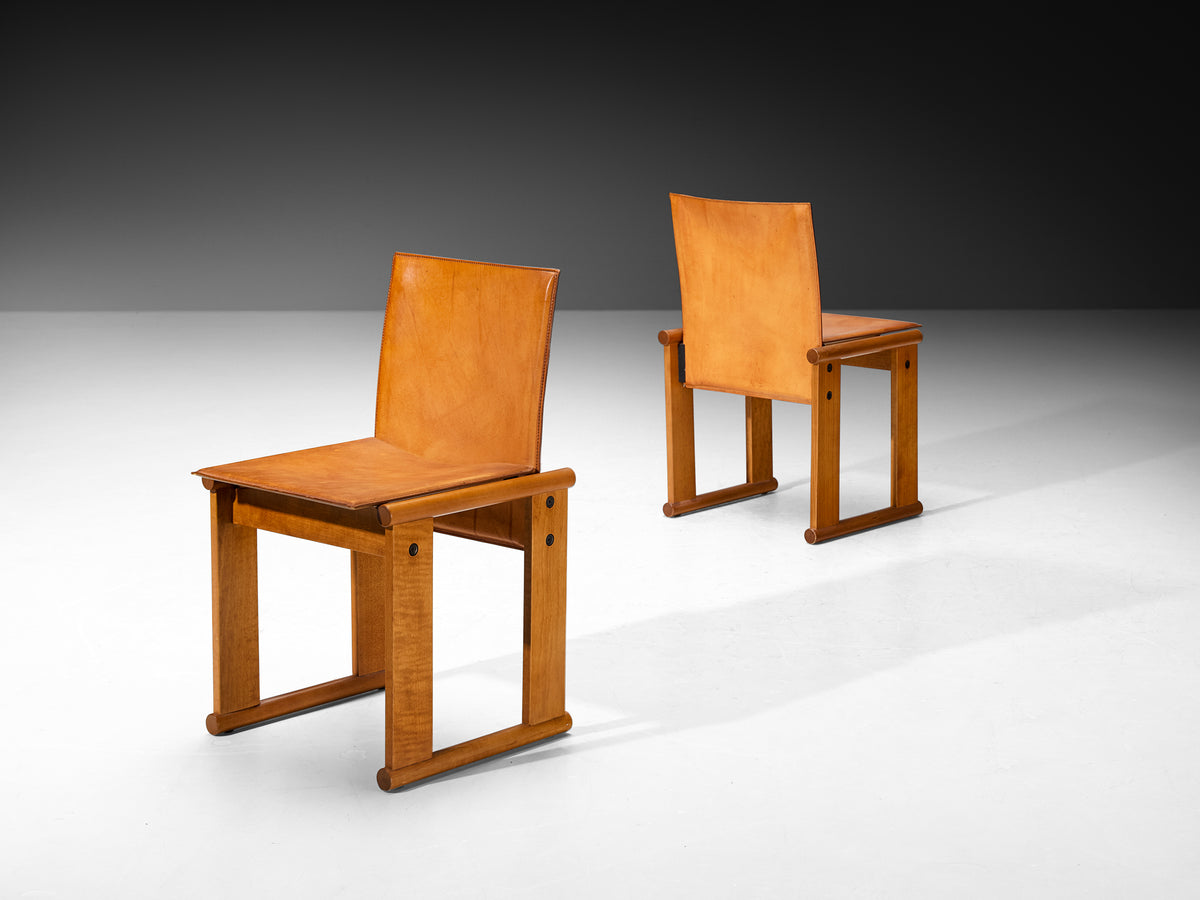 Afra & Tobia Scarpa Set of Eight Dining Chairs in Walnut and Cognac Saddle Leather Seating Morentz