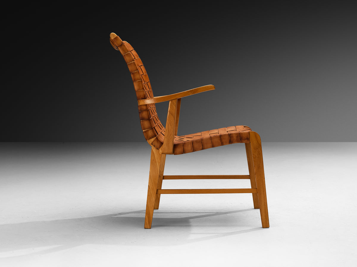 Rare 1930s Søren Willadsen Lounge Chair in Braided Patinated Cognac Leather, Elm Seating Morentz