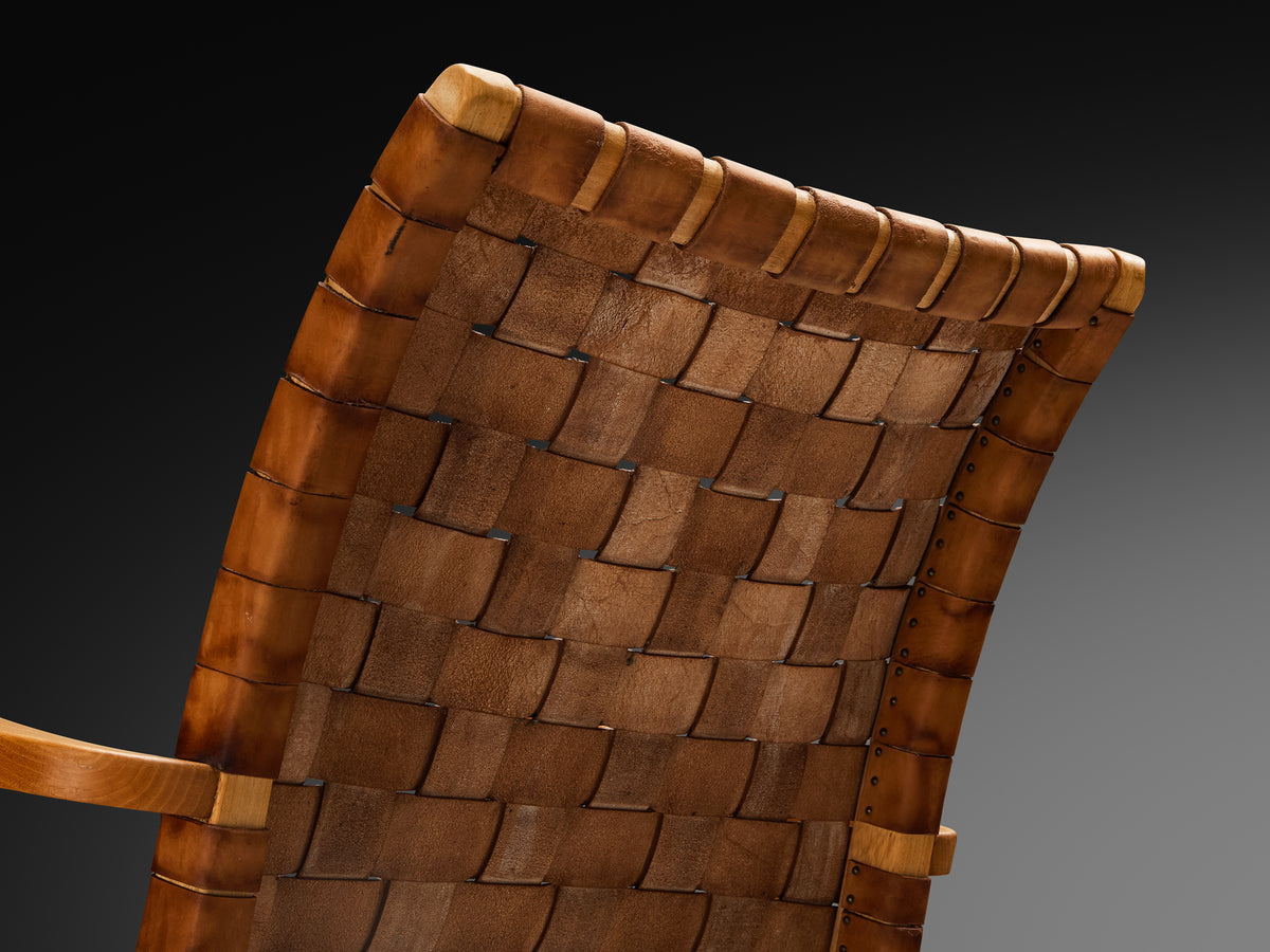 Rare 1930s Søren Willadsen Lounge Chair in Braided Patinated Cognac Leather, Elm Seating Morentz