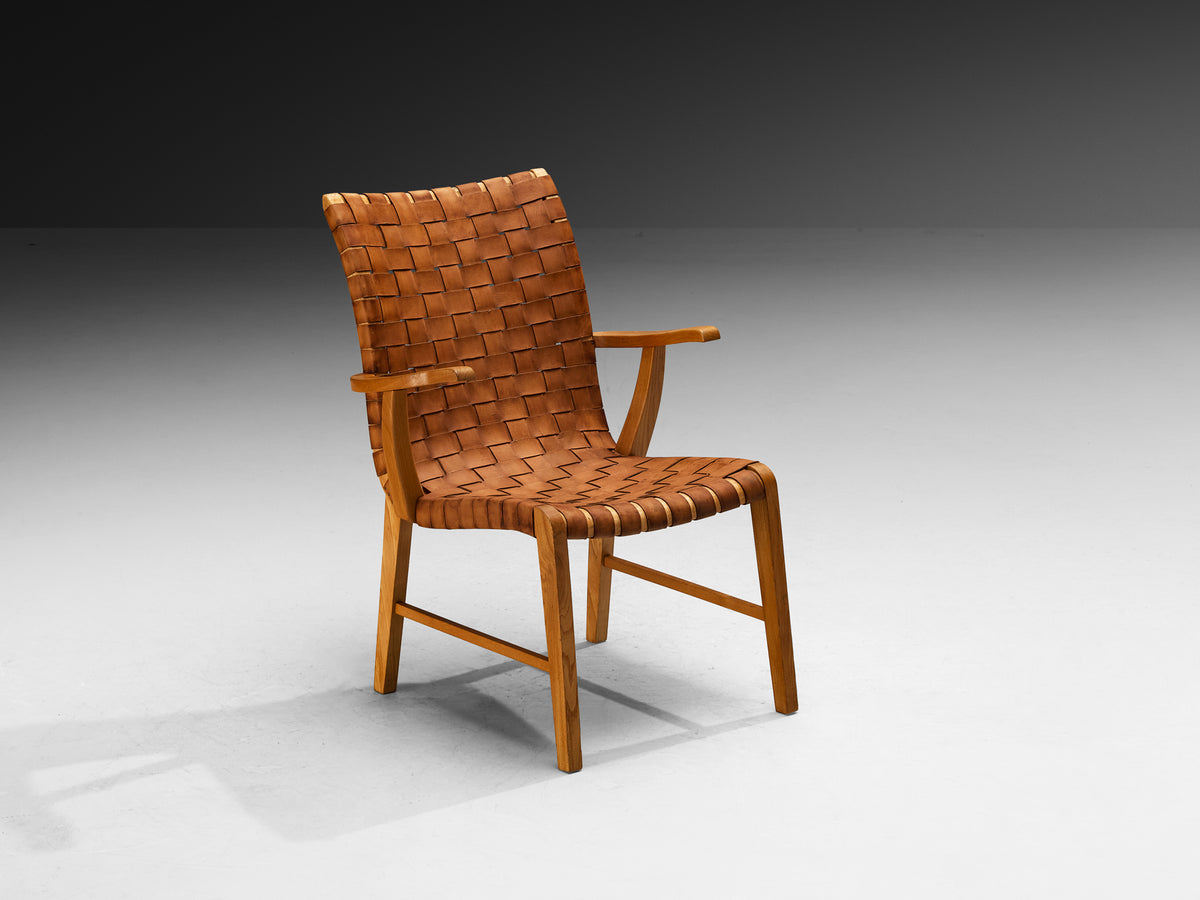 Rare 1930s Søren Willadsen Lounge Chair in Braided Patinated Cognac Leather, Elm Seating Morentz