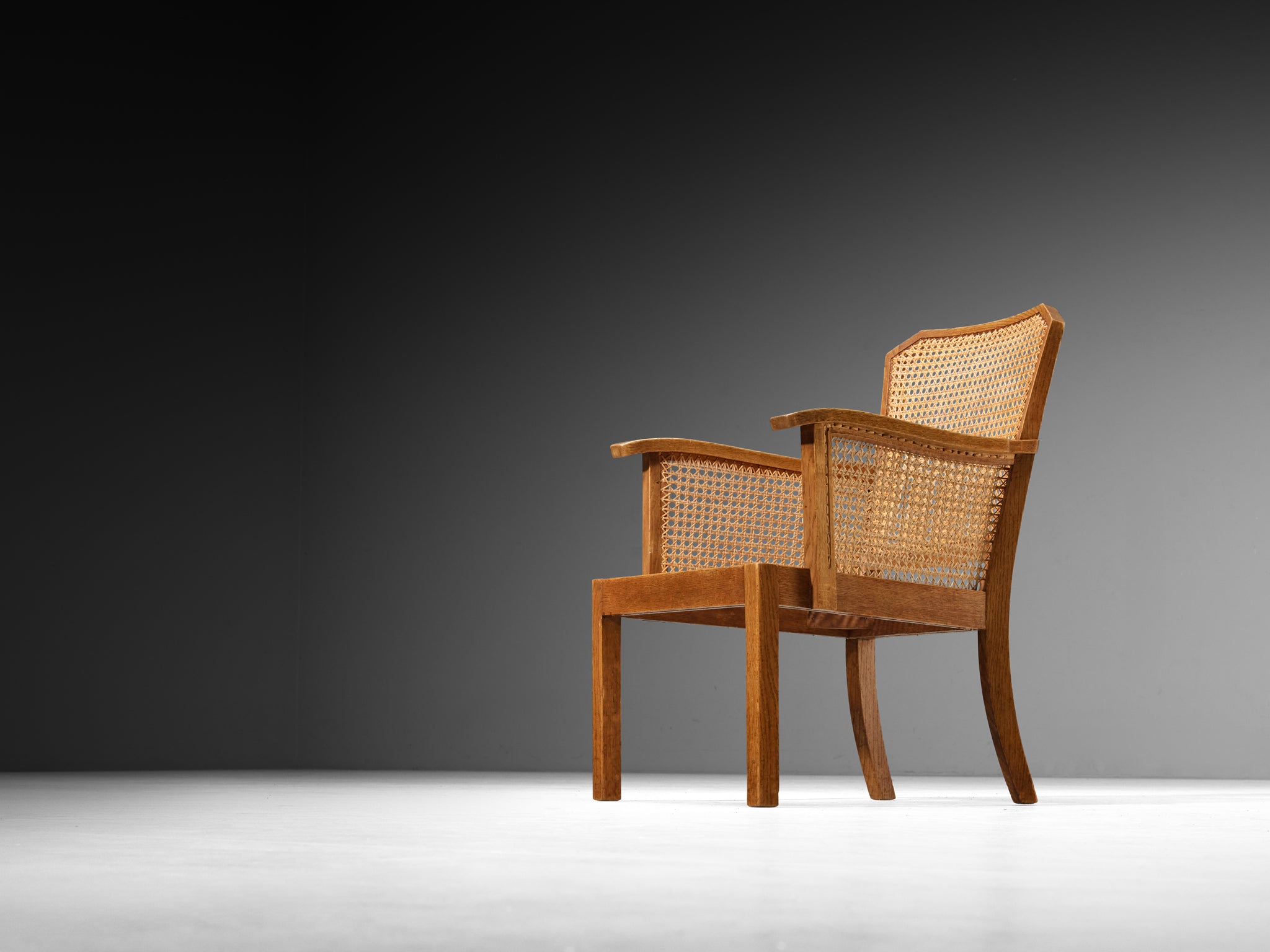 Mid-Century Armchair in Solid Oak and Cane Webbing Seating Morentz