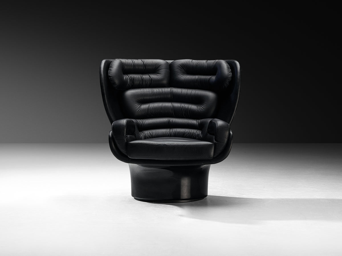 Joe Colombo 'Elda' Swivel Lounge Chair in Black Leather and Fiberglass Seating Morentz