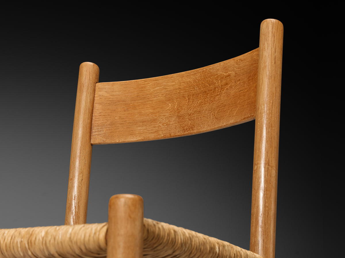 Set of Twelve Elegant Rustic Mid-Century Modern Dining Chairs in Oak and Rush Seating Morentz