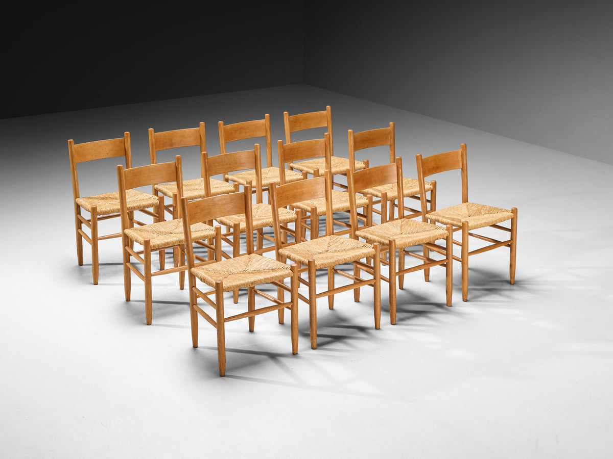 Set of Twelve Elegant Rustic Mid-Century Modern Dining Chairs in Oak and Rush Seating Morentz