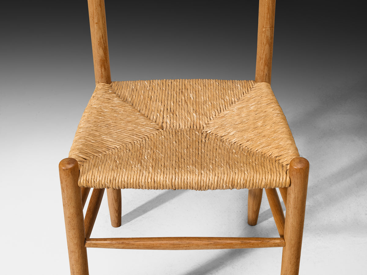 Set of Twelve Elegant Rustic Mid-Century Modern Dining Chairs in Oak and Rush Seating Morentz