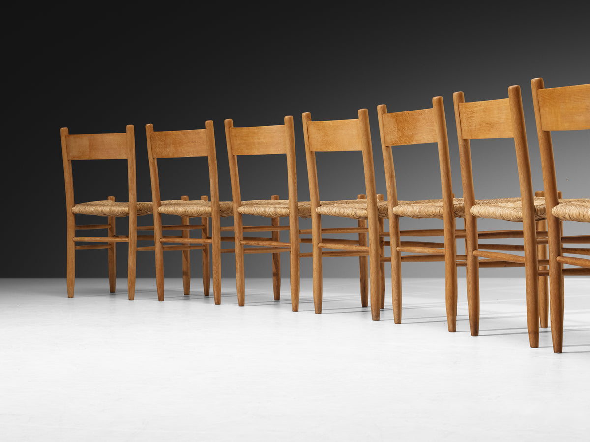 Set of Twelve Elegant Rustic Mid-Century Modern Dining Chairs in Oak and Rush Seating Morentz
