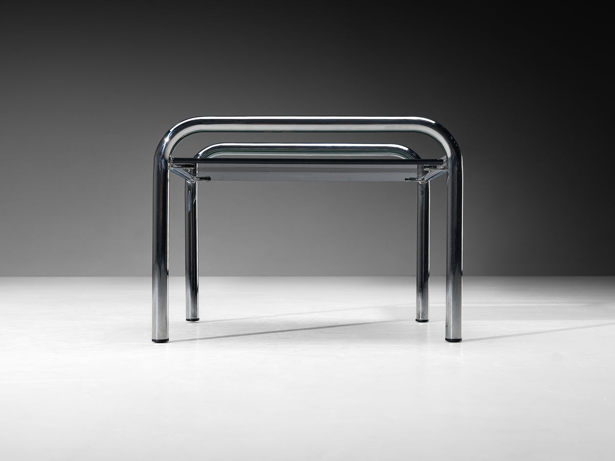 Gae Aulenti for Poltronova 'Stringa' Side Table in Chromed Metal, Smoked Glass Tables Morentz