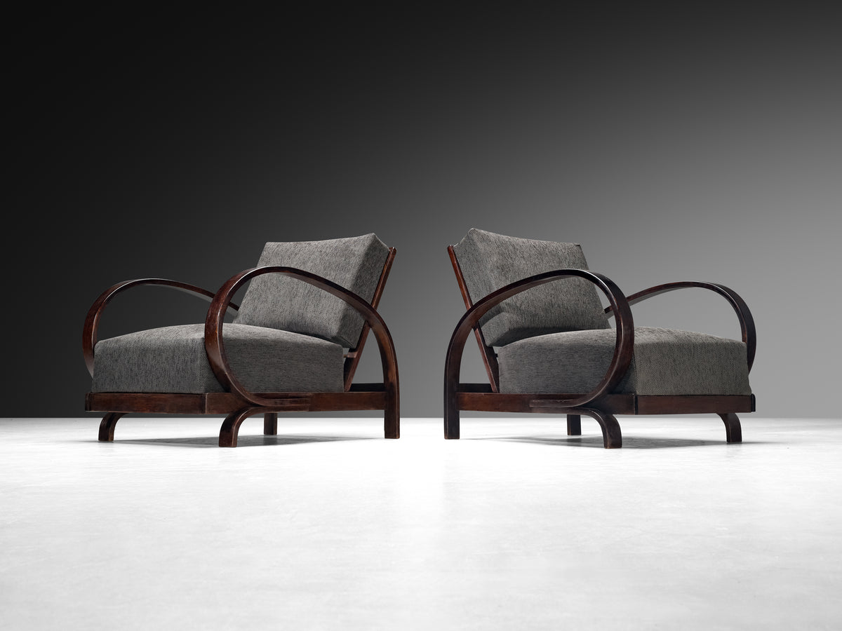 Pair of Art Deco Lounge Chairs with Sculptural Wooden Curved Armrests Seating Morentz