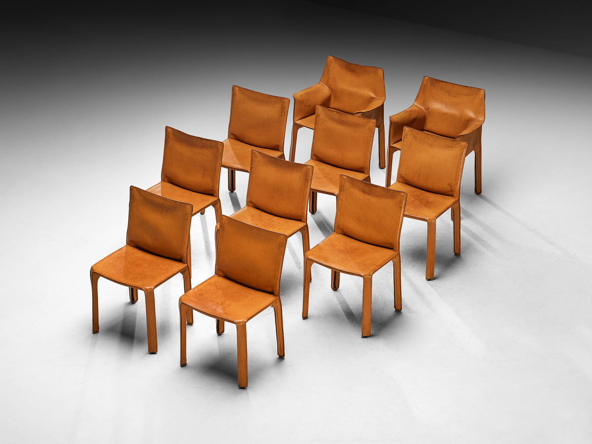 Mario Bellini for Cassina Set of Ten ‘CAB 412’ and ‘CAB 413’ Chairs in Cognac Leather Seating Morentz