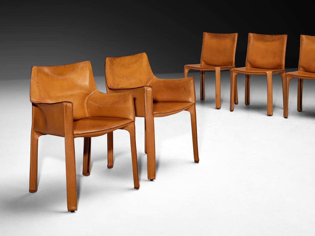Mario Bellini for Cassina Set of Ten ‘CAB 412’ and ‘CAB 413’ Chairs in Cognac Leather Seating Morentz