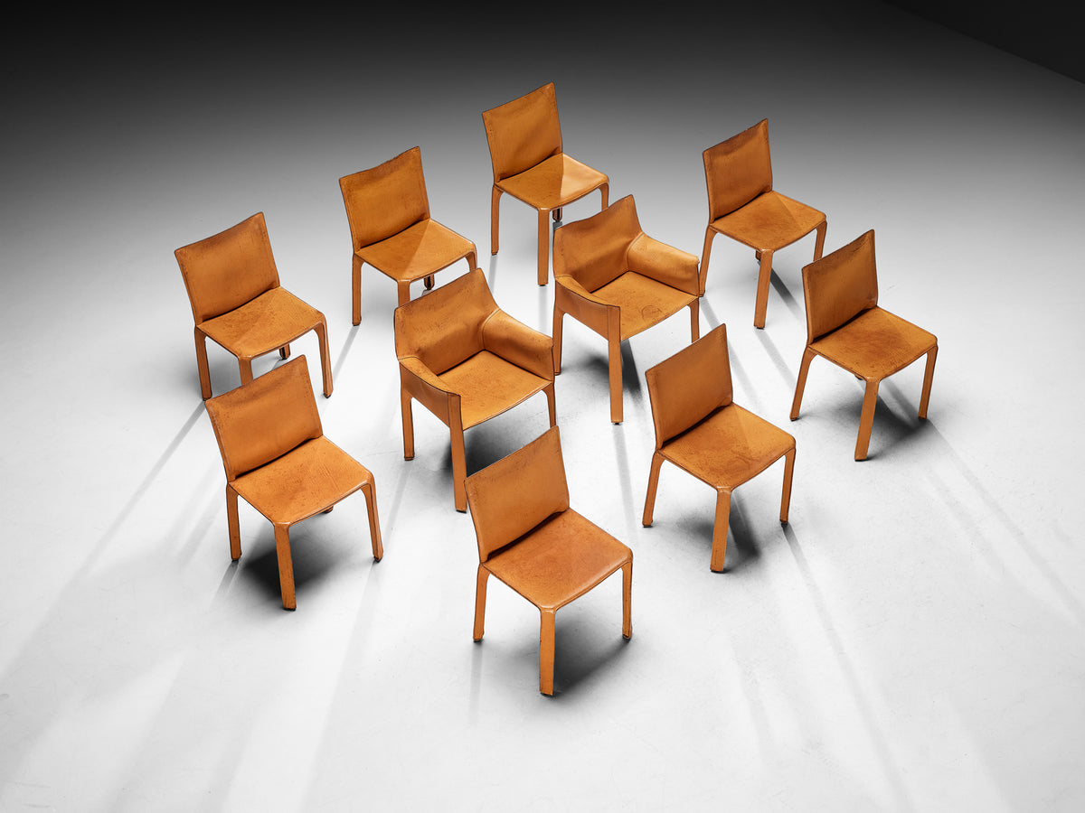Mario Bellini for Cassina Set of Ten ‘CAB 412’ and ‘CAB 413’ Chairs in Cognac Leather Seating Morentz