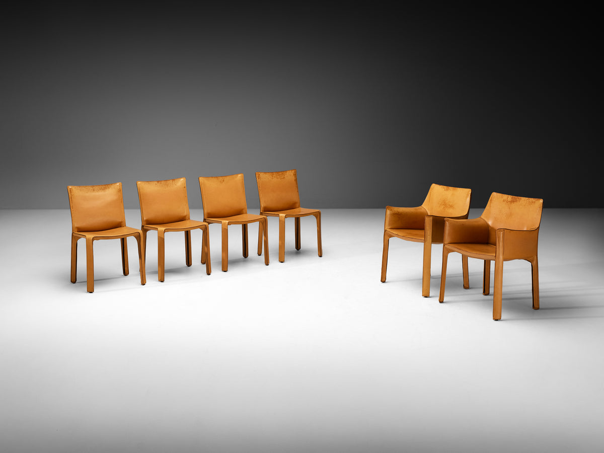 Mario Bellini for Cassina Set of Six ‘CAB 412’ and ‘CAB 413’ Chairs in Cognac Leather Seating Morentz