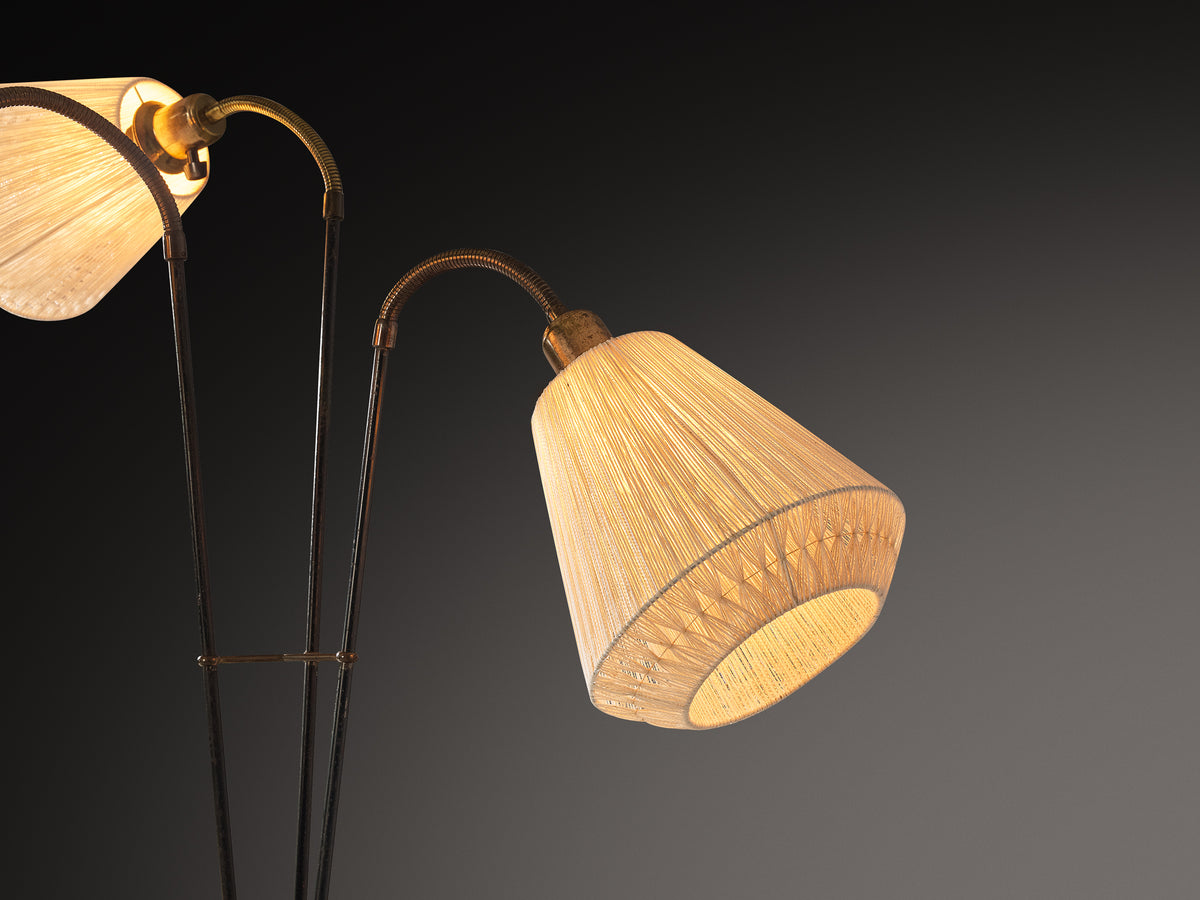 Swedish Modern Floor Lamp in Brass and Steel with Fabric Shades