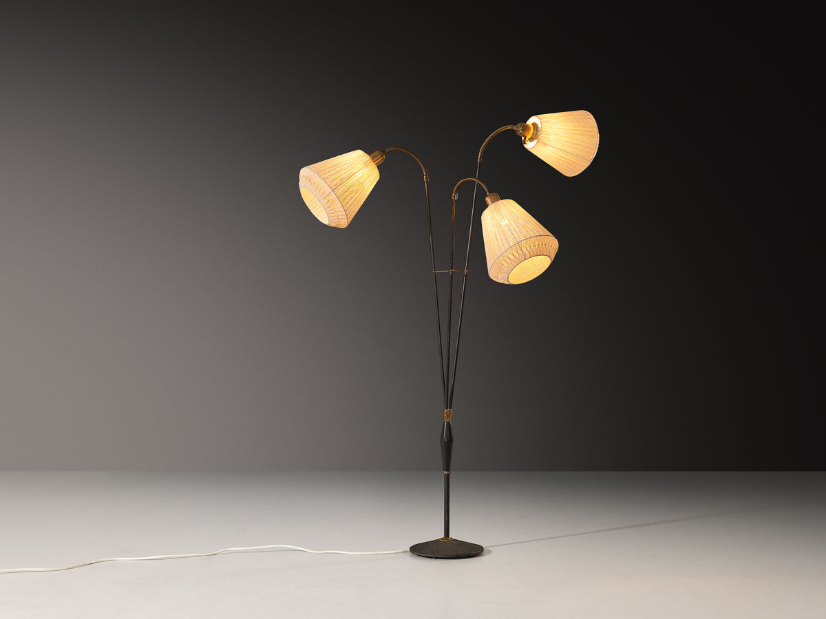 Swedish Modern Floor Lamp in Brass and Steel with Fabric Shades