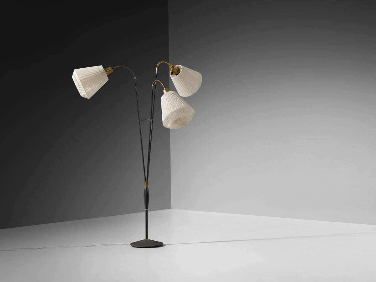 Swedish Modern Floor Lamp in Brass and Steel with Fabric Shades