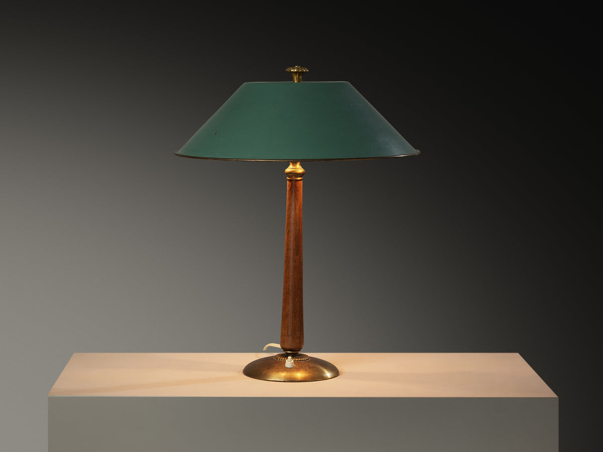 Scandinavian Modern Table Lamp in Brass and Beech with Green Aluminum Shade Lighting Morentz