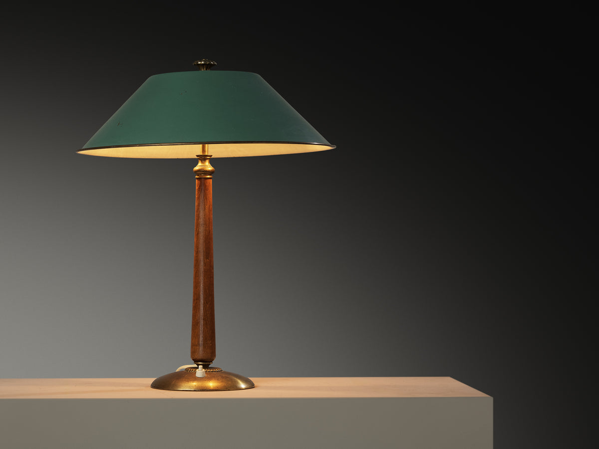Scandinavian Modern Table Lamp in Brass and Beech with Green Aluminum Shade Lighting Morentz