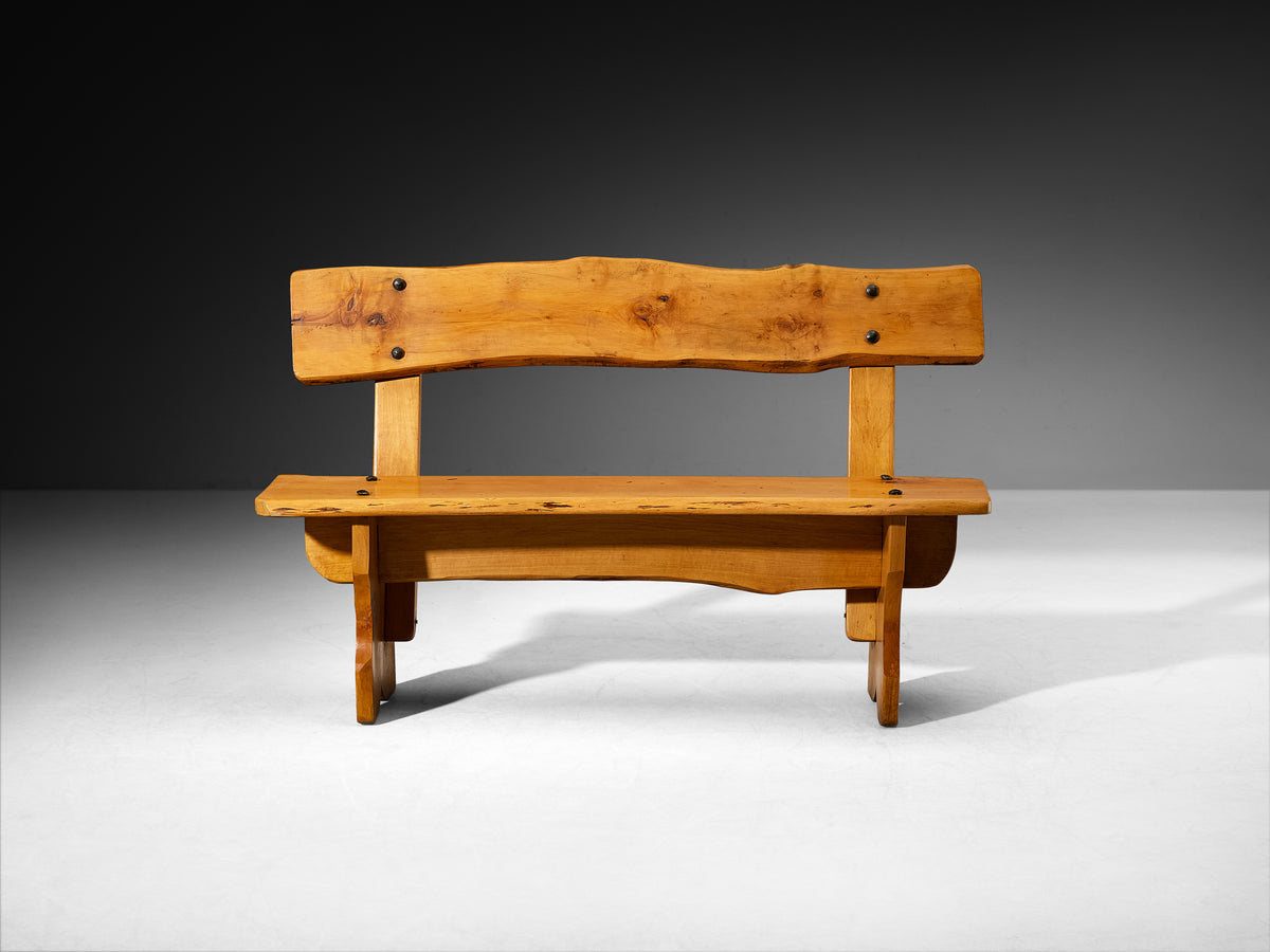 Rustic Modern Wooden Bench with Organic Backrest and Sculpted Legs Seating Morentz