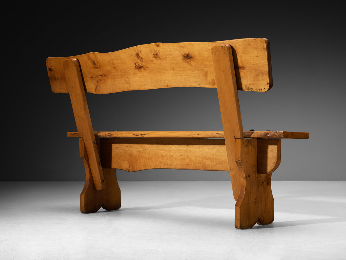 Rustic Modern Wooden Bench with Organic Backrest and Sculpted Legs Seating Morentz