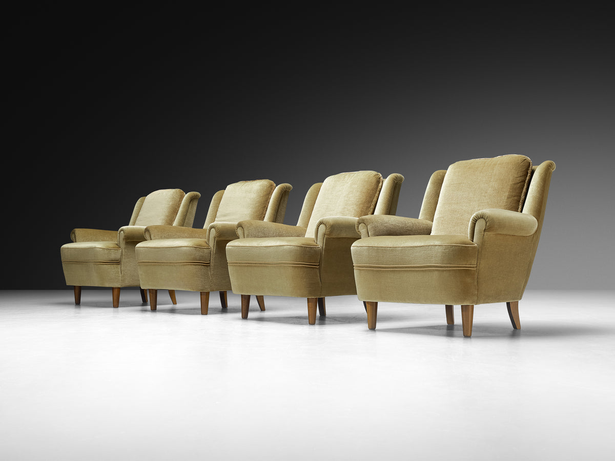 Mid-Century Modern Lounge Chairs in Muted Golden Velvet Seating Morentz