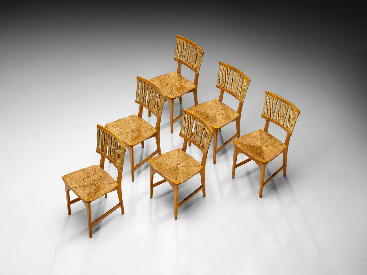 Mart Stam for Pastoe Set of Six Dining Chairs in Oak and Rush Seating Morentz