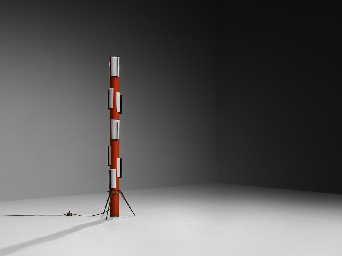 Angelo Brotto for Esperia Floorlamp in Red Lacquered Metal, Perspex and Brass Lighting Morentz