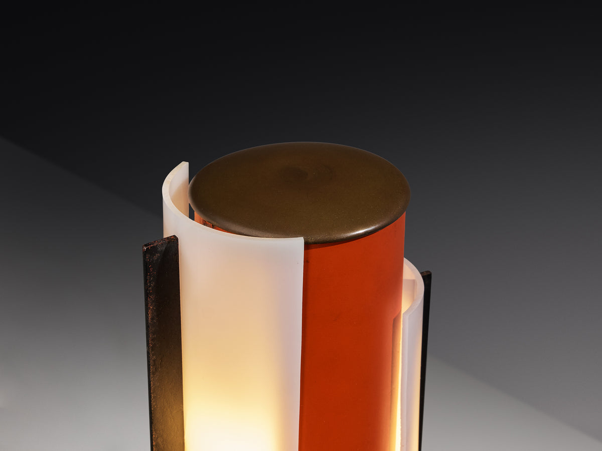 Angelo Brotto for Esperia Floorlamp in Red Lacquered Metal, Perspex and Brass Lighting Morentz