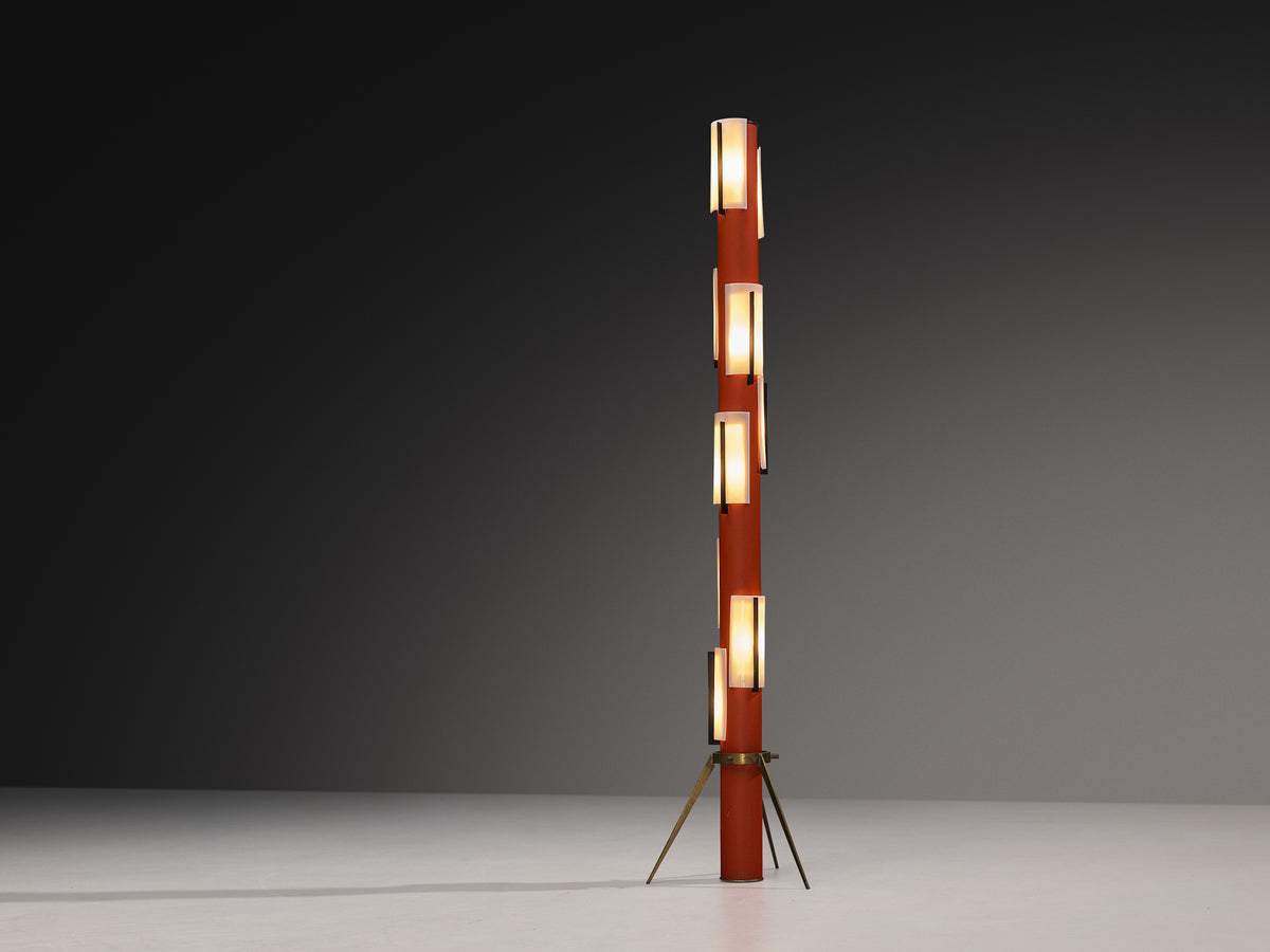 Angelo Brotto for Esperia Floorlamp in Red Lacquered Metal, Perspex and Brass Lighting Morentz