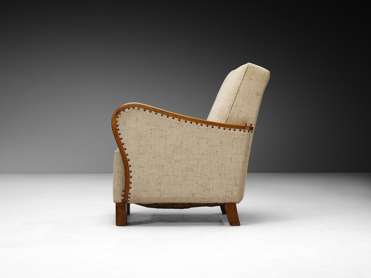 Pair of Lounge Chairs in Wood and Sand-Colored Fabric, 1940s Seating Morentz