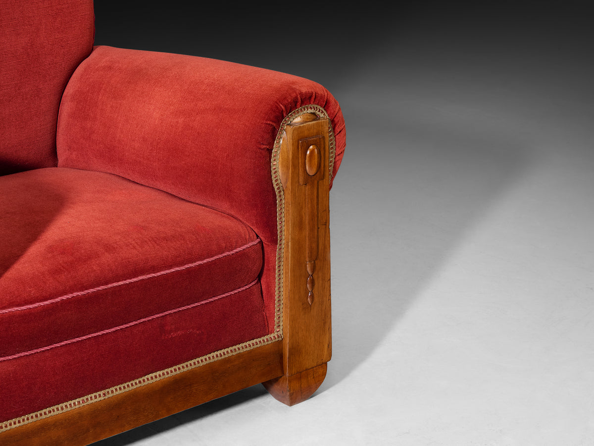 Art Deco Grand Lounge Chair in Red Velvet and Walnut Seating Morentz