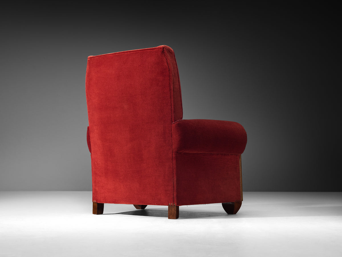 Art Deco Grand Lounge Chair in Red Velvet and Walnut Seating Morentz