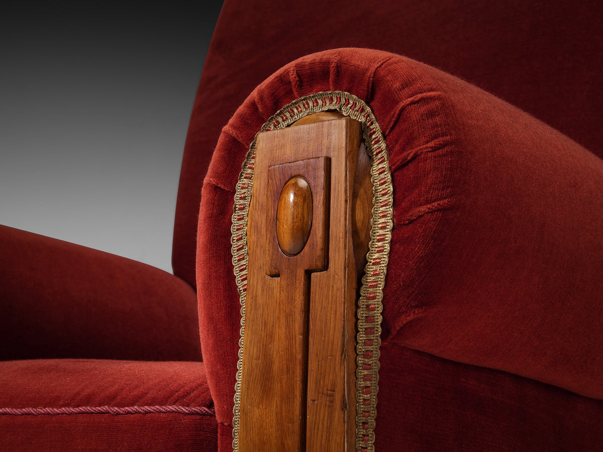 Art Deco Grand Lounge Chair in Red Velvet and Walnut Seating Morentz