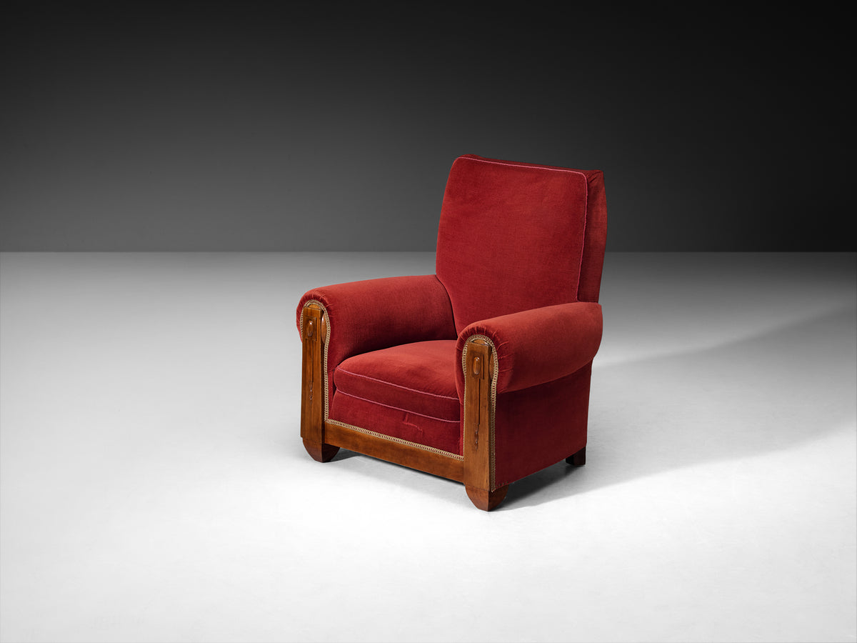 Art Deco Grand Lounge Chair in Red Velvet and Walnut Seating Morentz