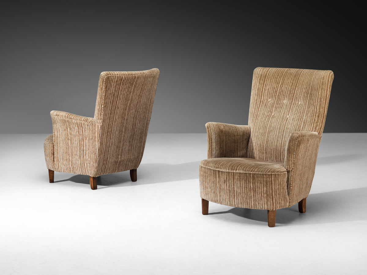 Pair of Elegant Mid-Century Lounge Chairs in Striped Upholstery and Wood Seating Morentz