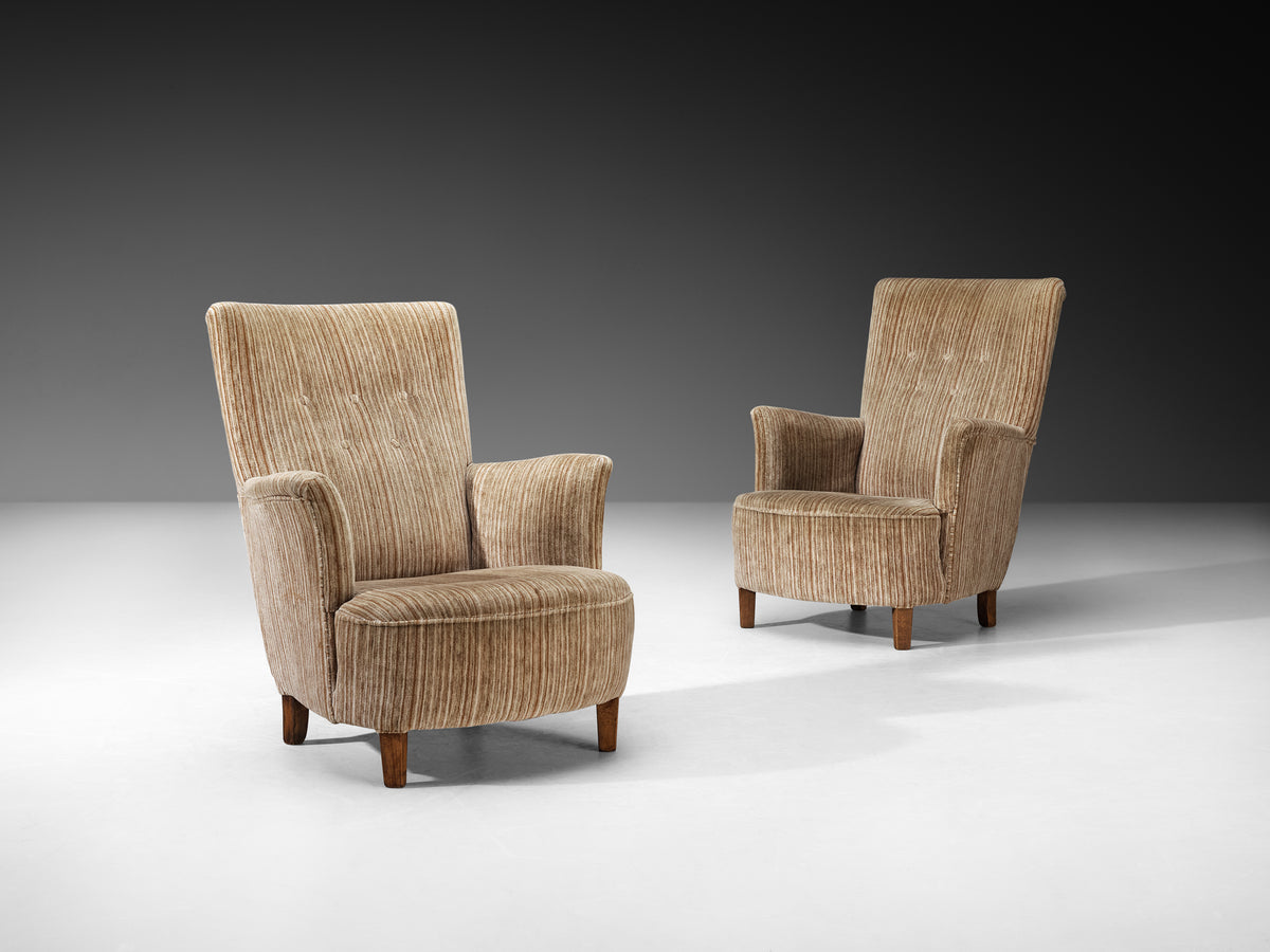 Pair of Elegant Mid-Century Lounge Chairs in Striped Upholstery and Wood Seating Morentz