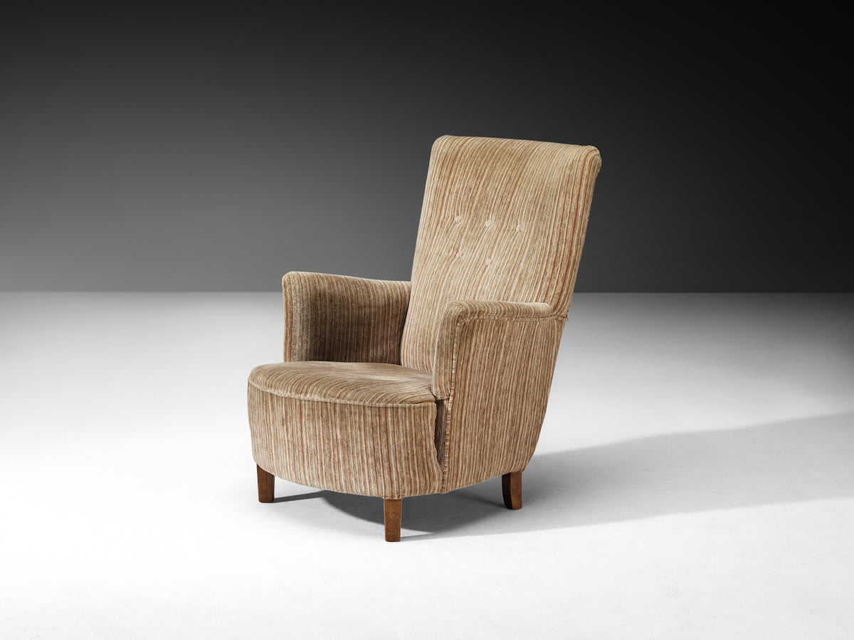 Pair of Elegant Mid-Century Lounge Chairs in Striped Upholstery and Wood Seating Morentz