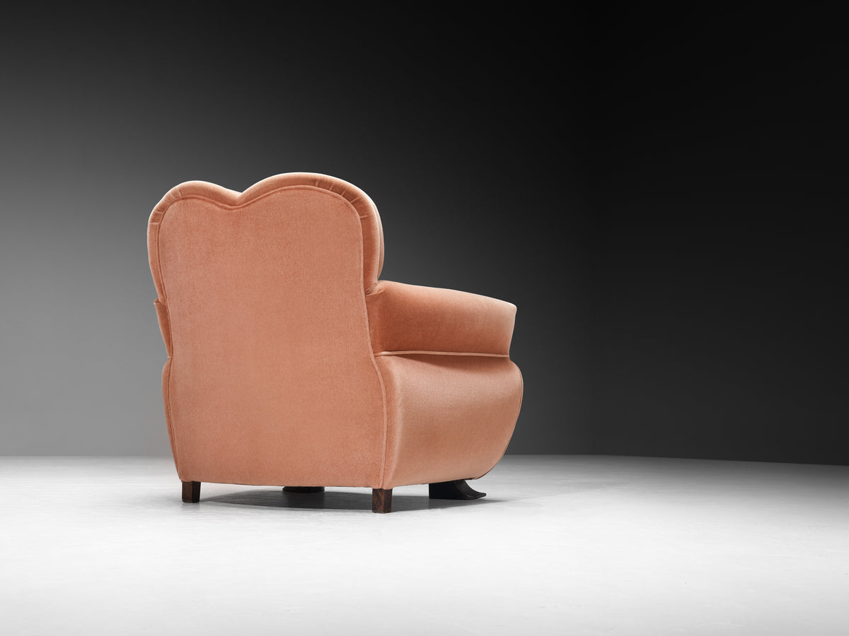 Pair of Sculptural Lounge Chairs in Dusty Rose Velvet and Wood Seating Morentz