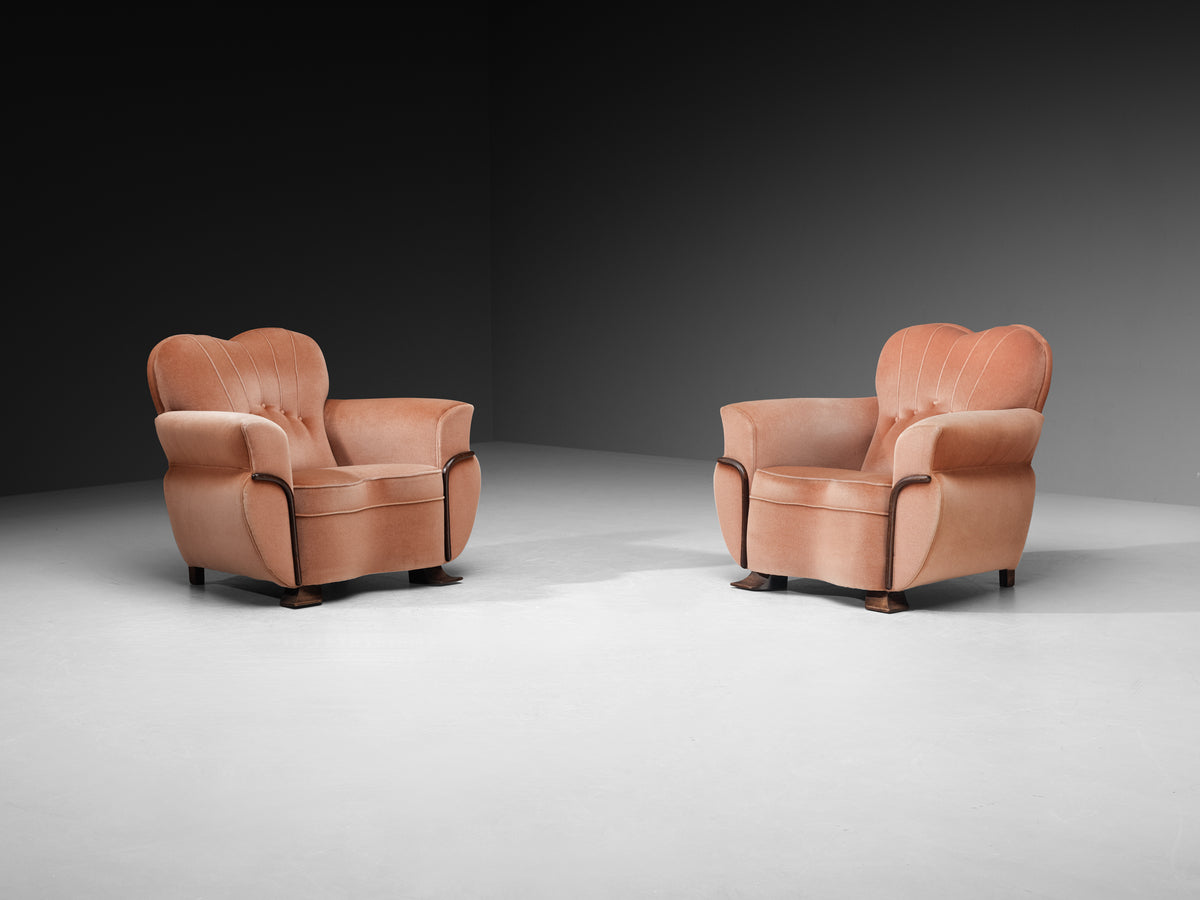 Pair of Sculptural Lounge Chairs in Dusty Rose Velvet and Wood Seating Morentz